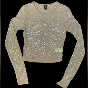 Beige Embellished Long Sleeve Top sheer mesh see through size small juniors